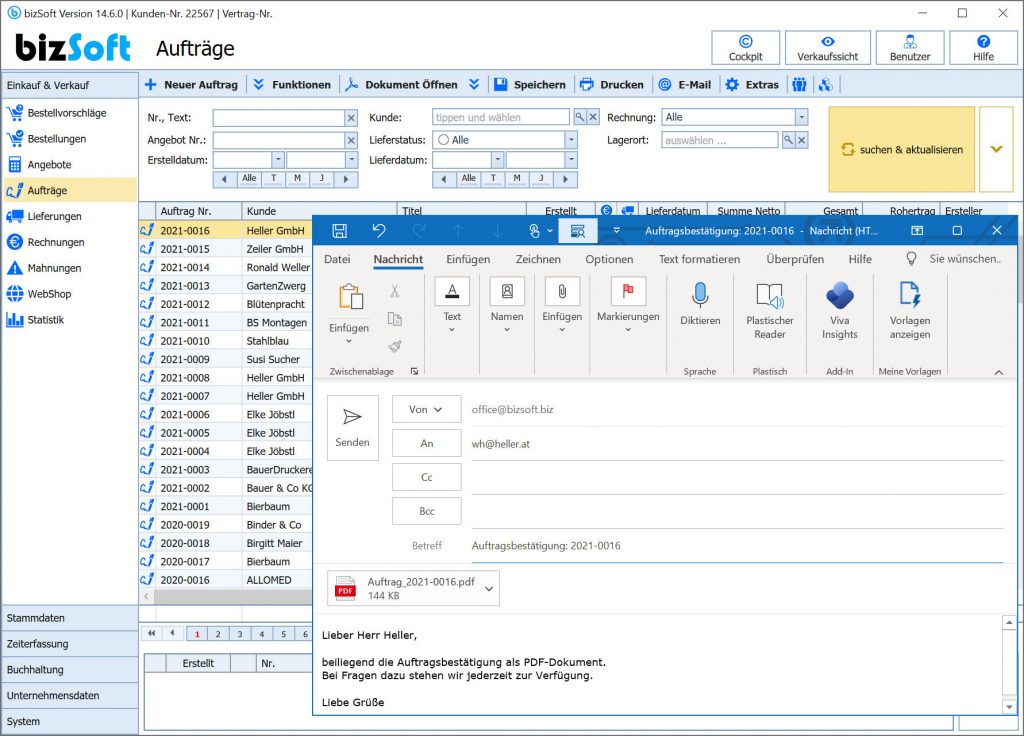 Mit bizSoft blitzschnell eine Auftragsbestätigung schreiben und per E-Mail versenden