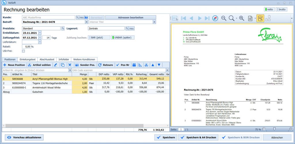 Mit bizSoft in Sekunden eine Faktura erstellen