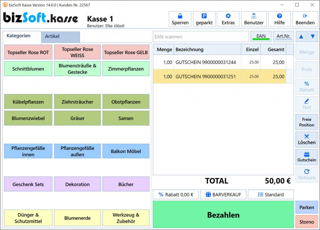 Gutschein Verkauf in Kasse und bizSoft WaWi
