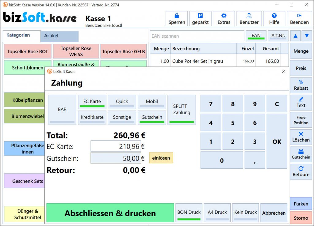 Gutschein Einlösung in Kasse und bizSoft WaWi