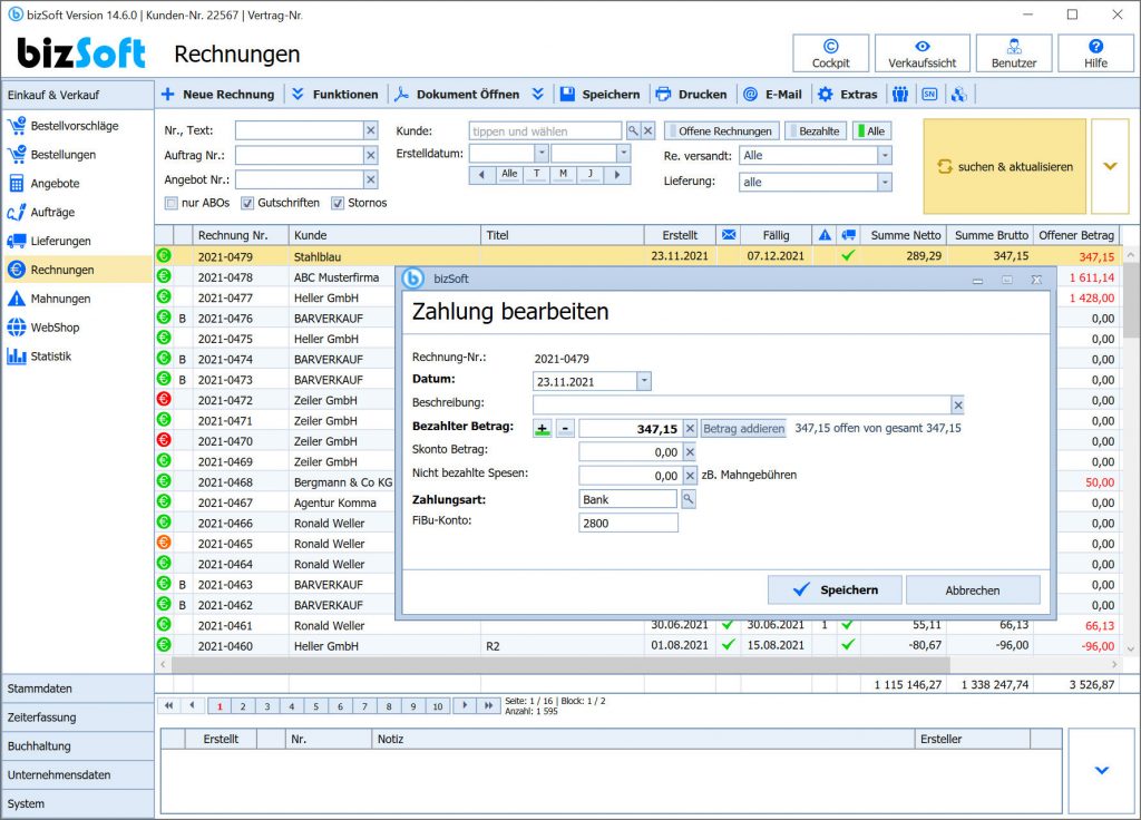 Rechnungen schreiben und Zahlungen verwalten mit bizSoft